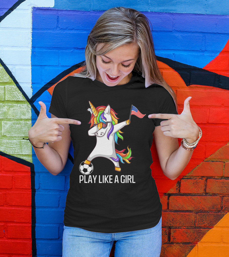 Dabbing Unicorn Play Like A Girl USA Soccer T-Shirt