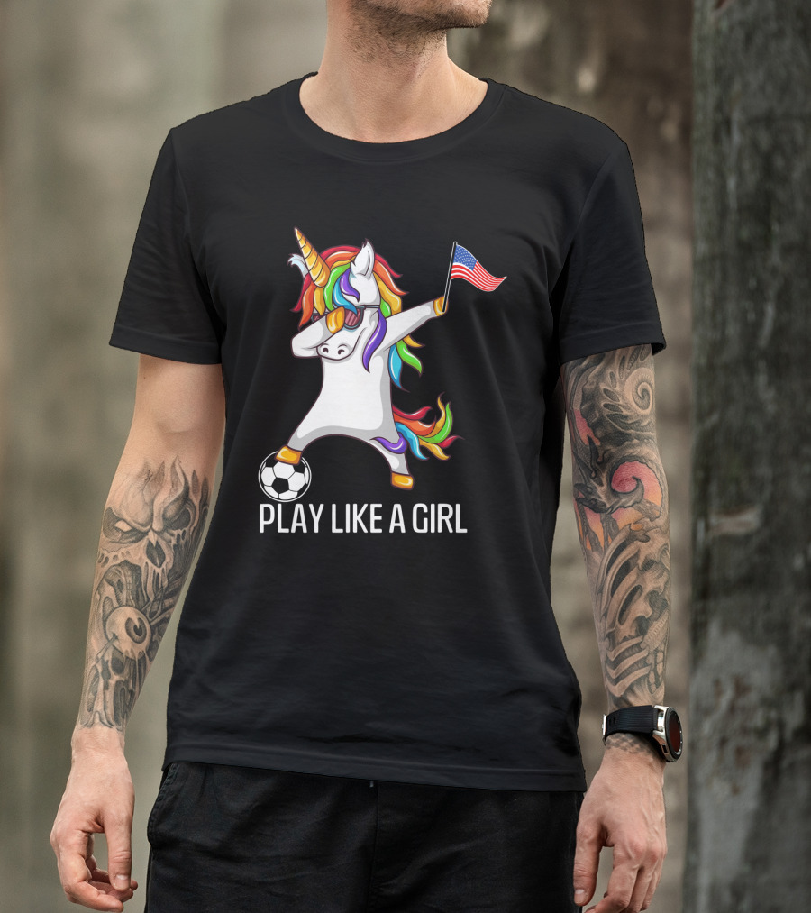 Dabbing Unicorn Play Like A Girl USA Soccer T-Shirt