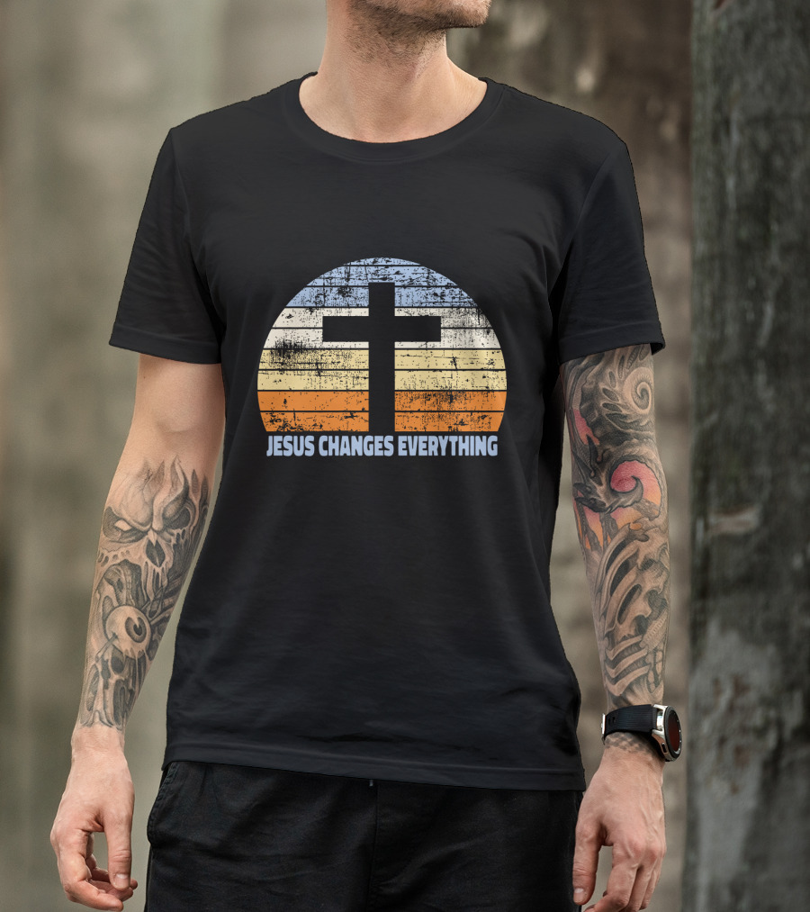 Faith Cross Jesus Changes Everything Vintage Christian Retro Sunset T-Shirt