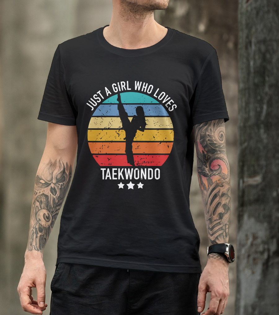 Just A Girl Who Loves Taekwondo Vintage Silhouette Rainbow Stripes T-Shirt