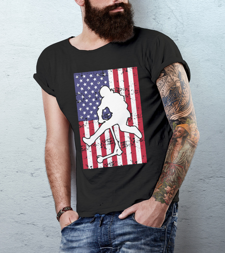 Stunt Scooter Trick With American Flag Background Competition T-Shirt