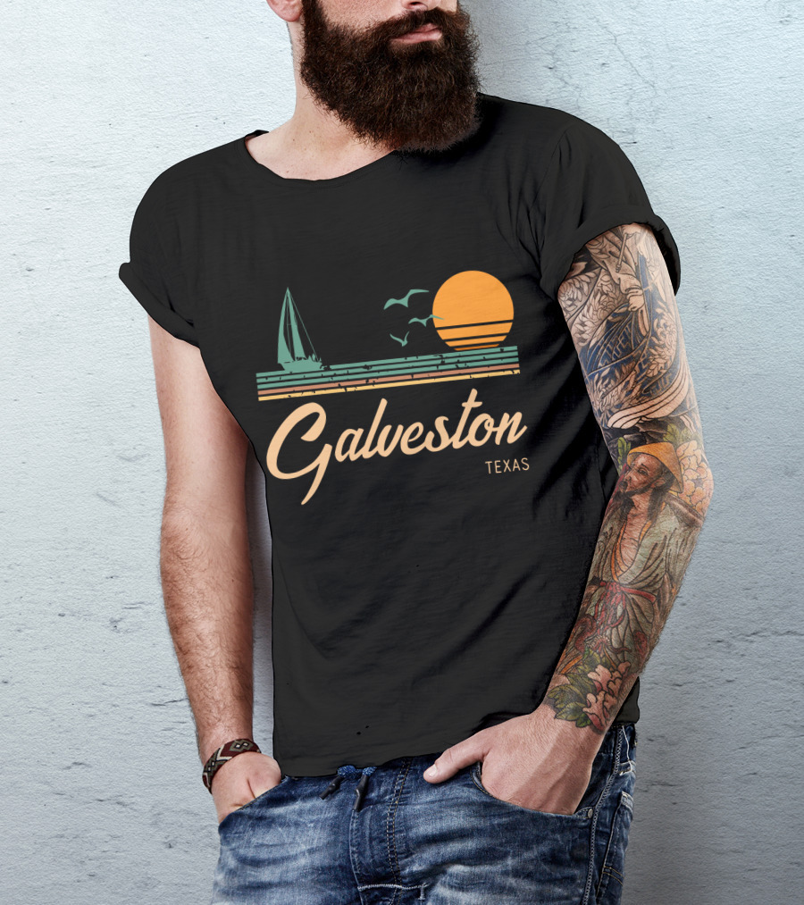 Vintage Galveston Texas Sailboat And Sunset Scene T-Shirt