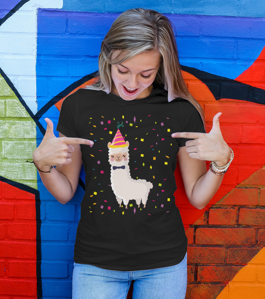 Funny Alpaca Birthday Party Celebration With Confetti T-Shirt