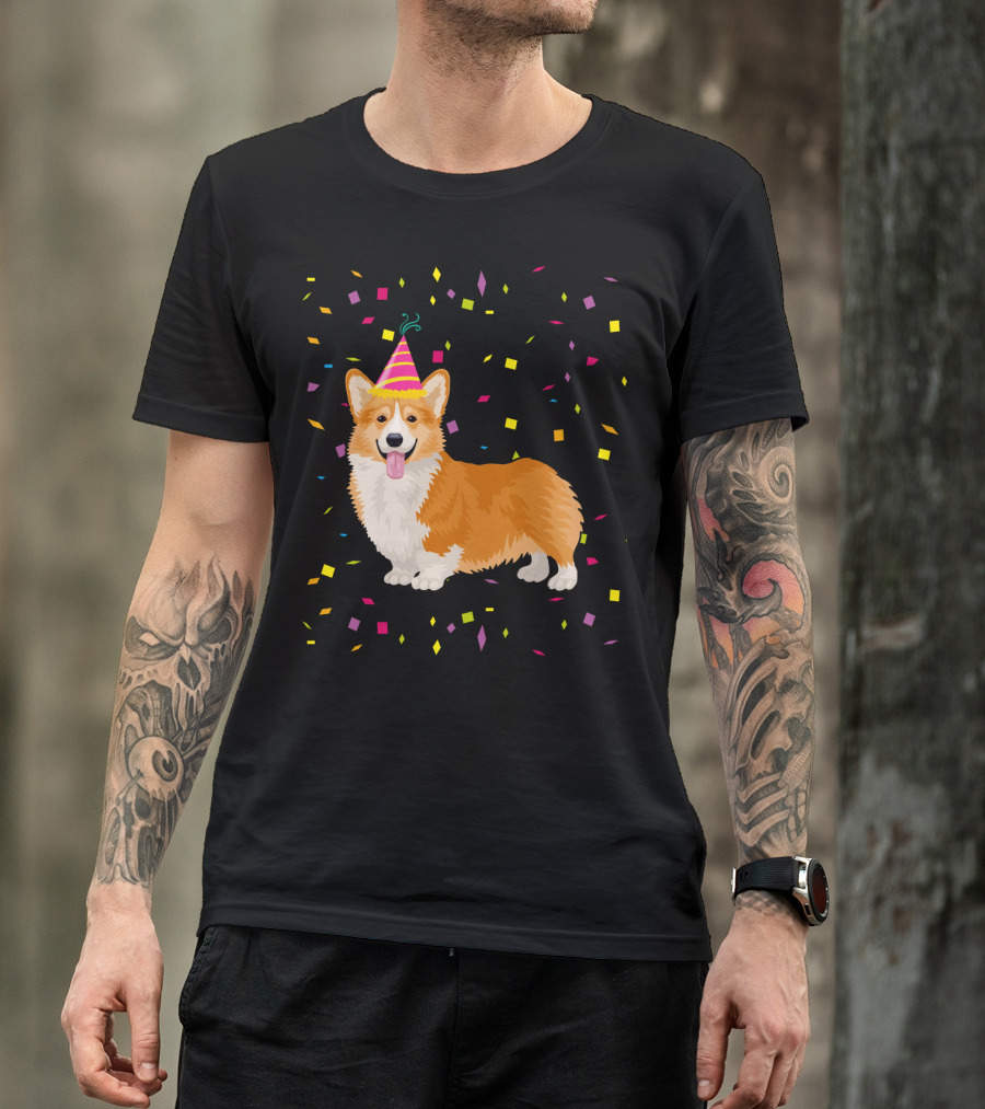 Welsh Corgi Birthday Party With Confetti And Party Hat T-Shirt