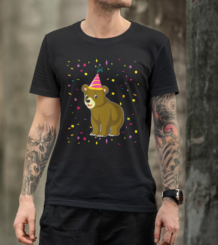 Funny Bear Birthday Party Hat Festive Confetti T-Shirt