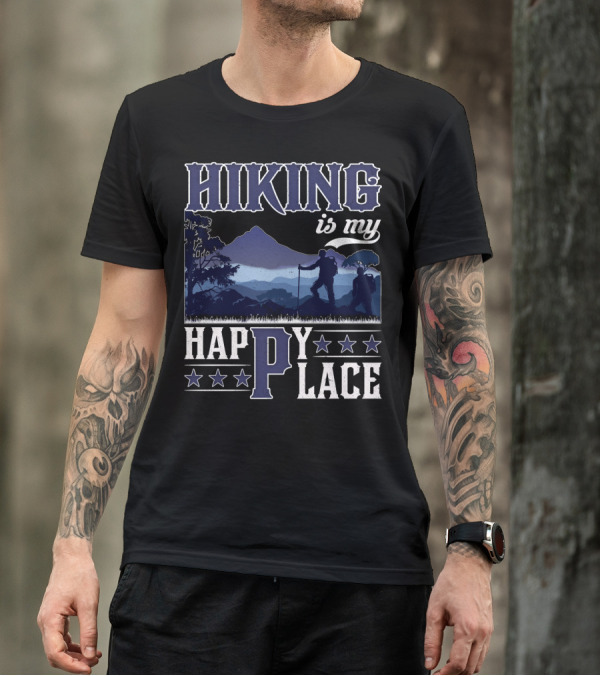 Hiking Is My Happy Place Mountain Silhouette Adventure T-Shirt