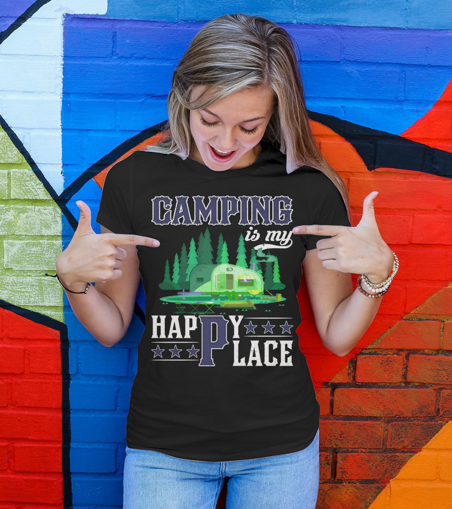 Camping Is My Happy Place Camper Forest Scene With Stars T-Shirt
