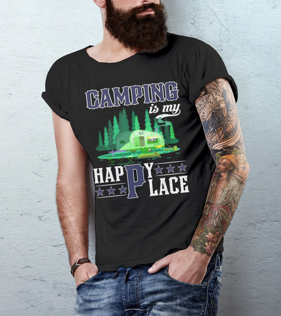 Camping Is My Happy Place Camper Forest Scene With Stars T-Shirt