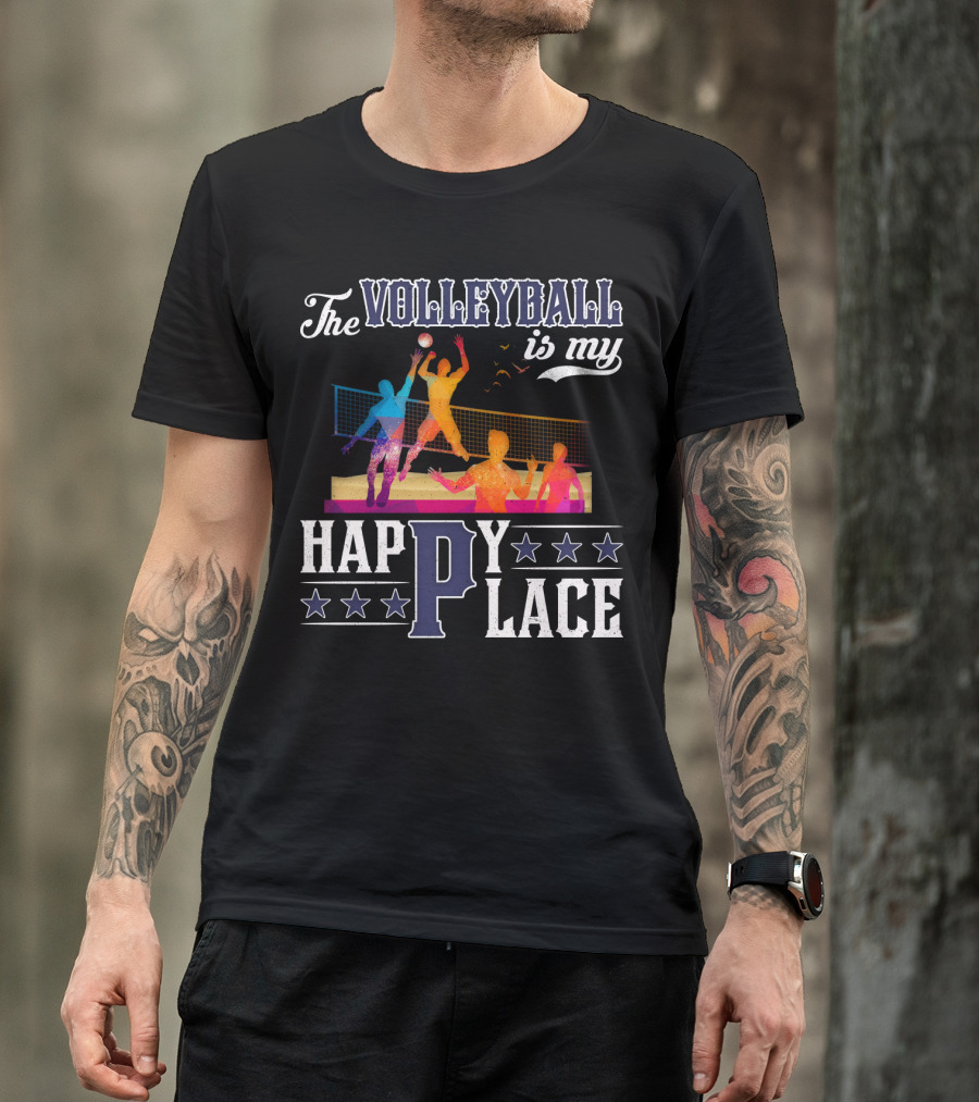 The Volleyball Is My Happy Place Colorful Players Action Scene T-Shirt