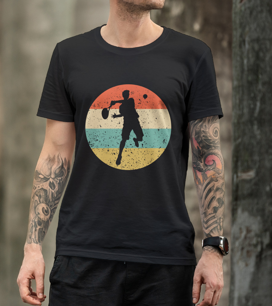 Vintage Retro Tennis Player Silhouette In Distressed Circle T-Shirt