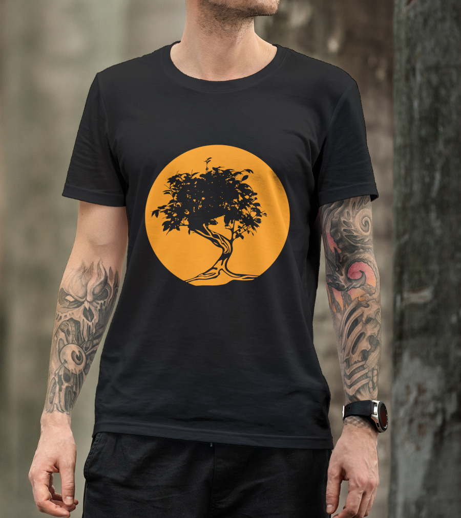 Bonsai Japan Yin Yang Monk Tree Silhouette Circle T-Shirt