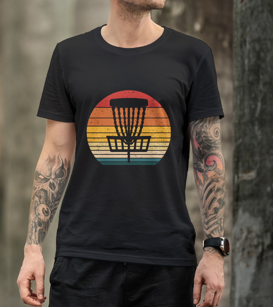 Retro Disc Golf Basket Sunset Stripes T-Shirt