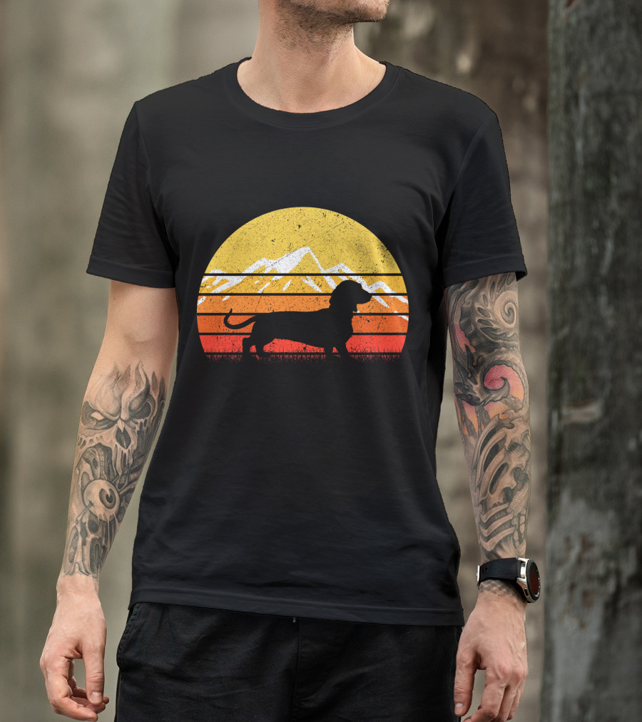 Retro Vintage Dachshund Dog Silhouette Sunset Mountains T-Shirt