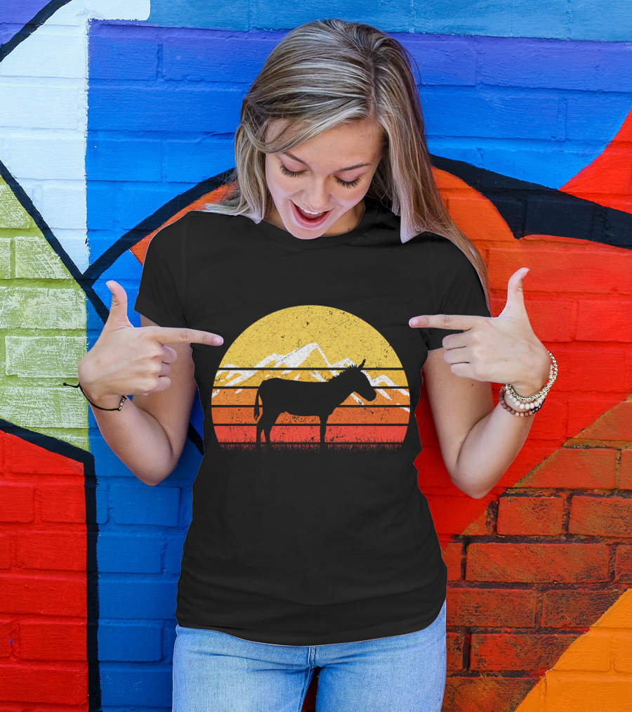 Retro Vintage Donkey Sunset Silhouette With Mountains T-Shirt