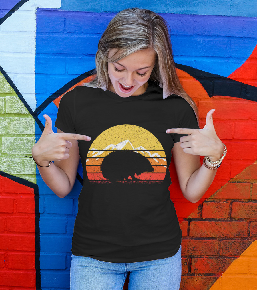 Retro Vintage Hedgehog Silhouette Against Sunset Mountain Stripe Circle T-Shirt