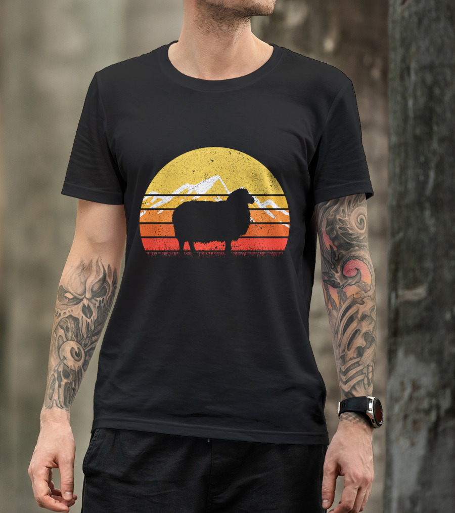Retro Vintage Sheep Sunset With Mountains T-Shirt