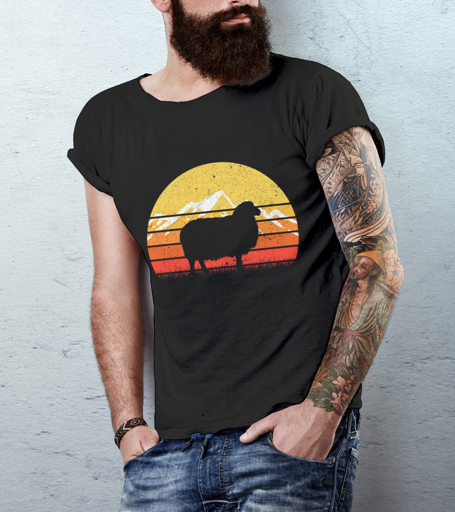 Retro Vintage Sheep Sunset With Mountains T-Shirt