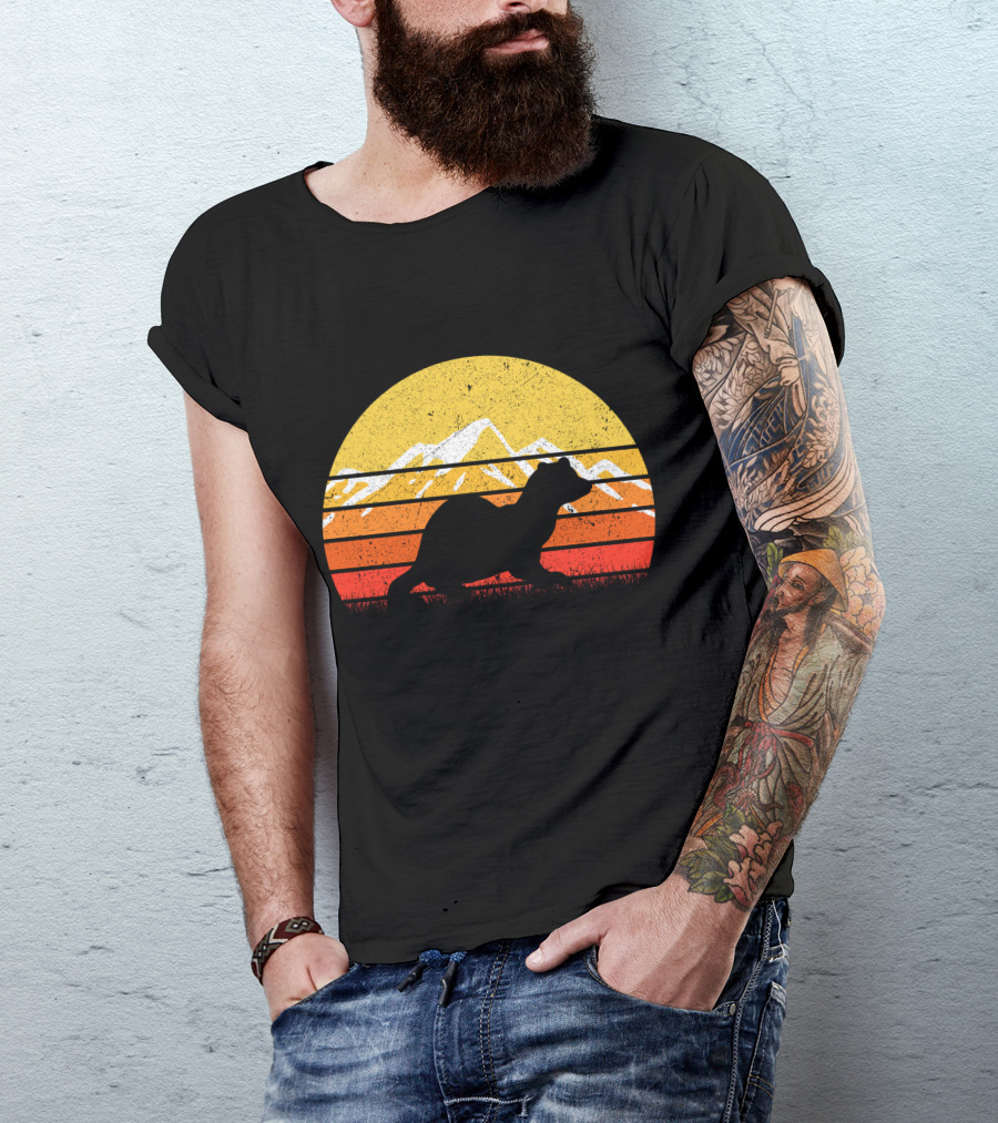 Retro Vintage Ferret Sunset Silhouette Mountain Stripes T-Shirt