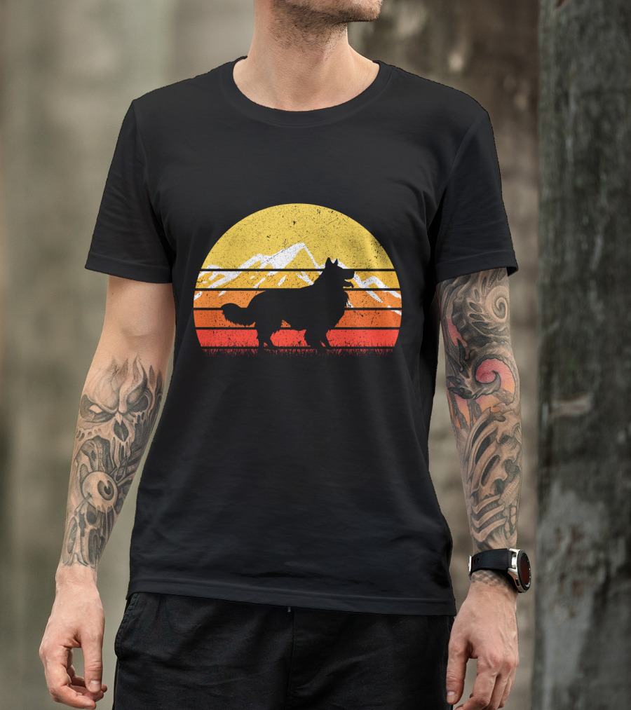 Retro Vintage Border Collie Sunset Mountain T-Shirt