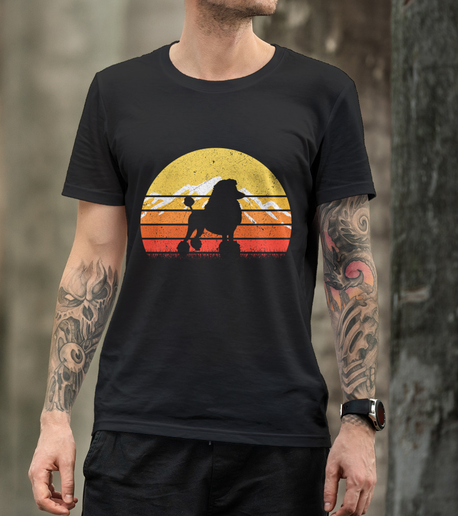 Retro Vintage Poodle Dog Sunset Silhouette With Mountains And Stripes T-Shirt