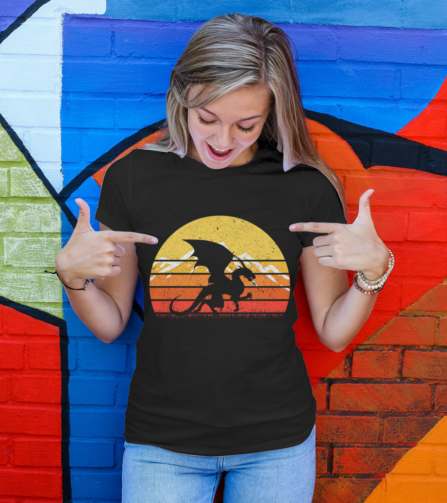 Retro Vintage Dragon With Silhouette And Sunset Mountains T-Shirt