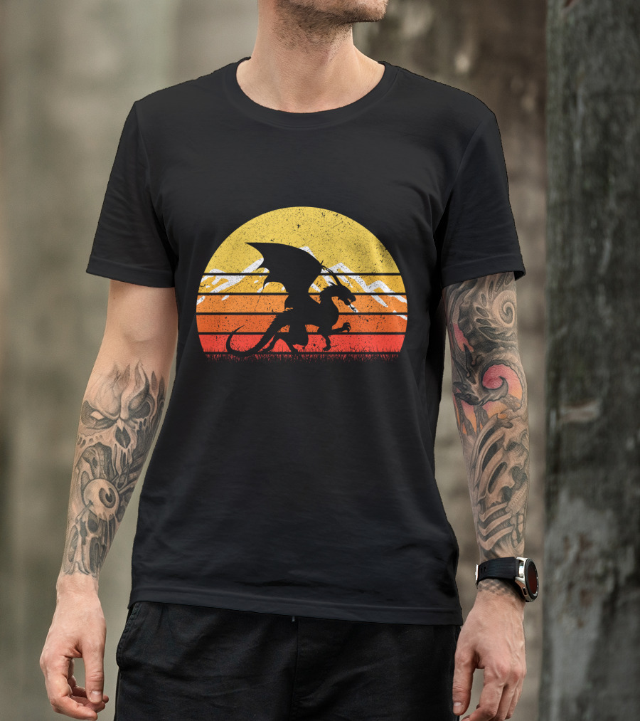 Retro Vintage Dragon With Silhouette And Sunset Mountains T-Shirt