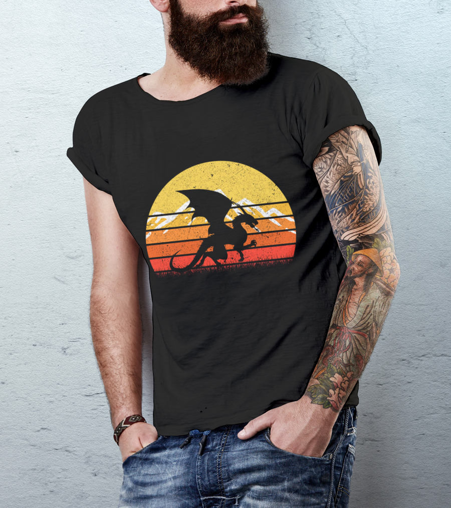Retro Vintage Dragon With Silhouette And Sunset Mountains T-Shirt