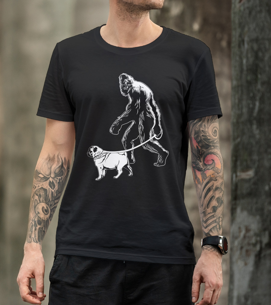Bigfoot Walking A Pug Dog T-Shirt