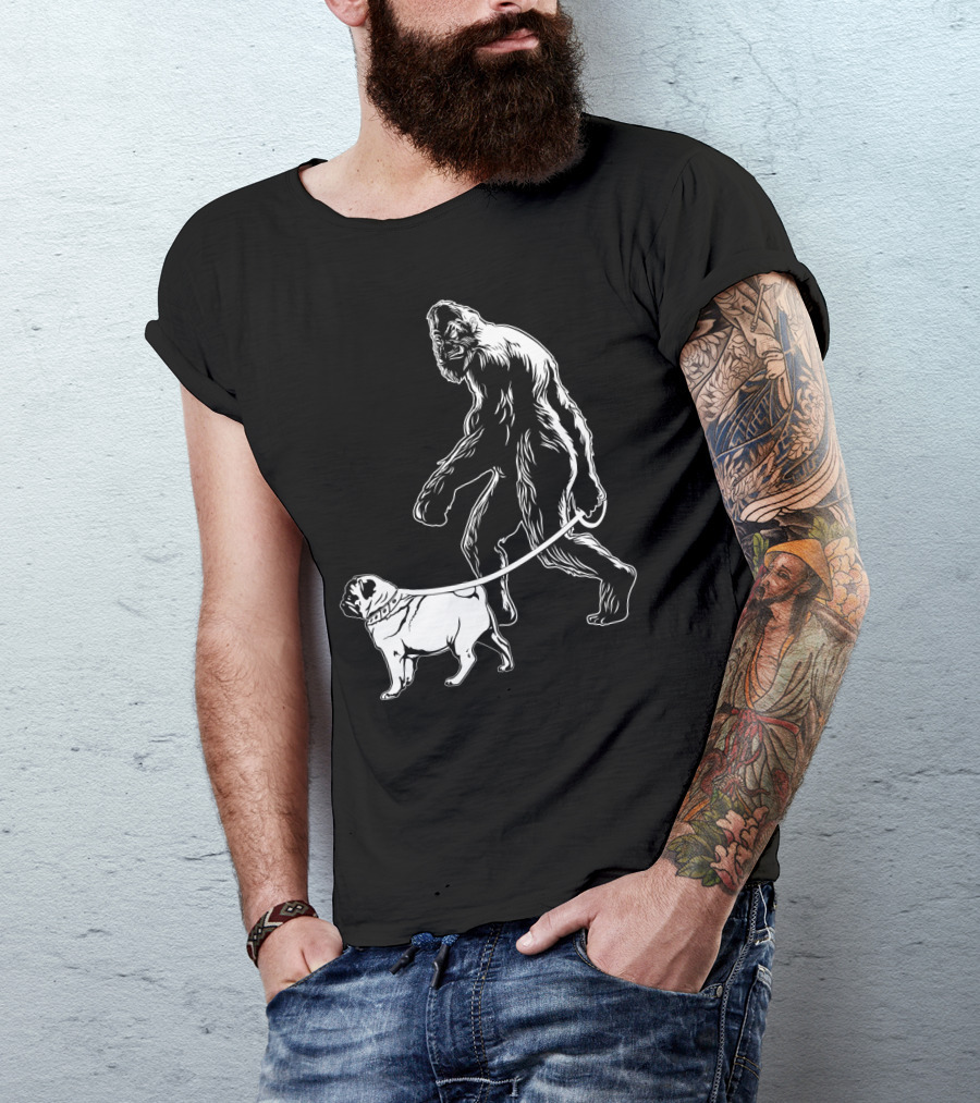 Bigfoot Walking A Pug Dog T-Shirt