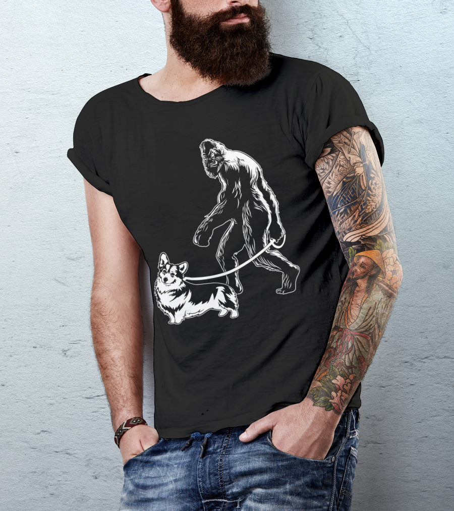 Bigfoot Walking Corgi Dog T-Shirt
