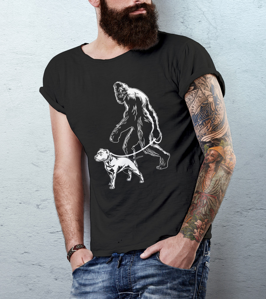 Bigfoot Walking Pitbull T-Shirt