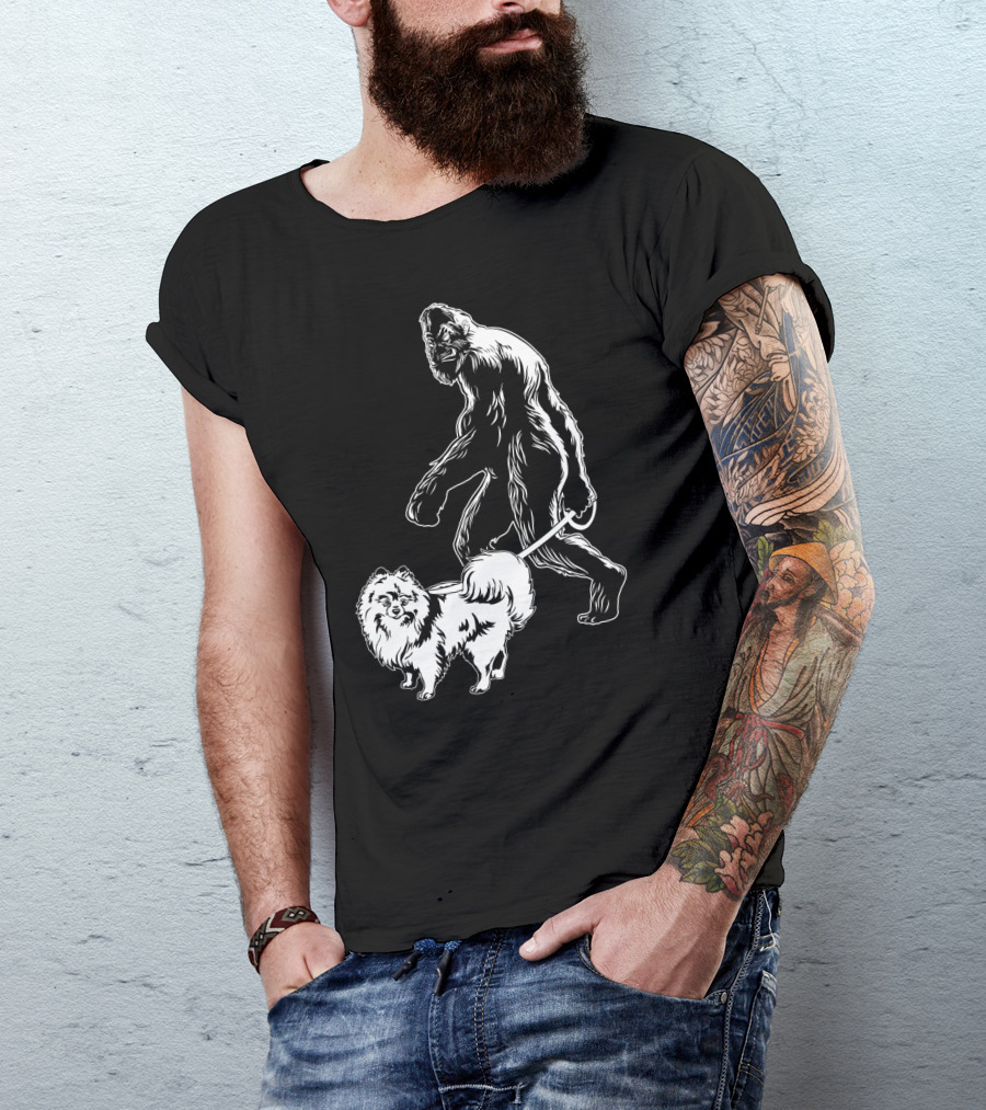 Bigfoot Walking Pomeranian Dog T-Shirt