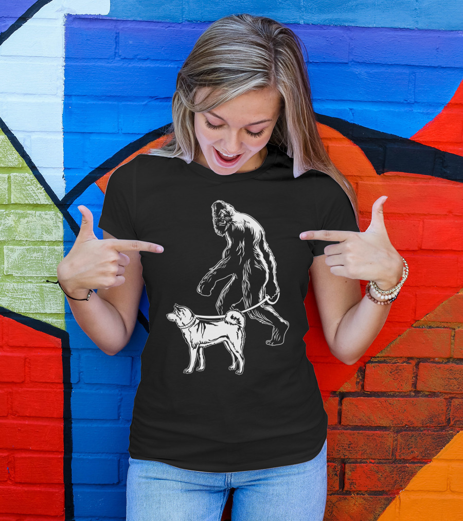 Bigfoot Walking Akita Dog T-Shirt