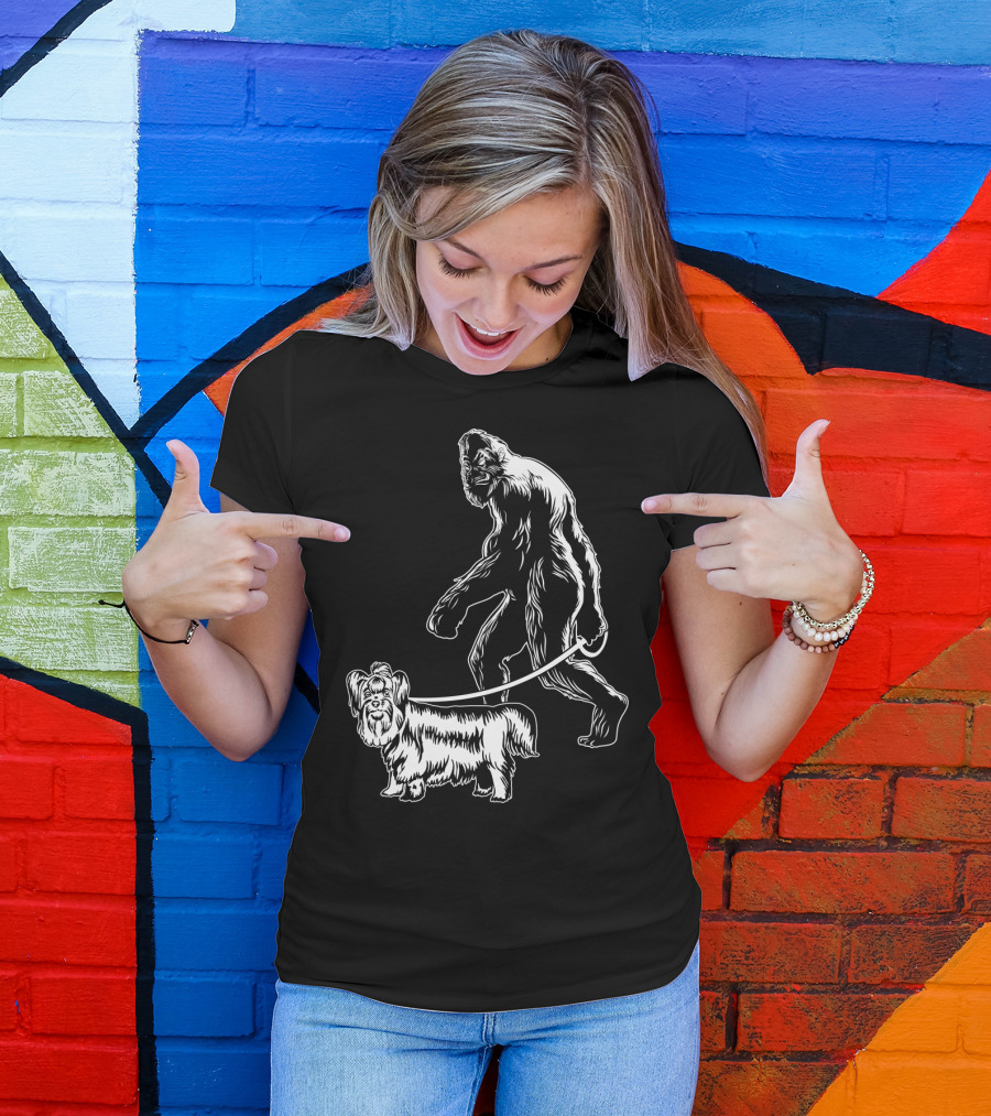 Bigfoot Walking A Yorkie Dog T-Shirt