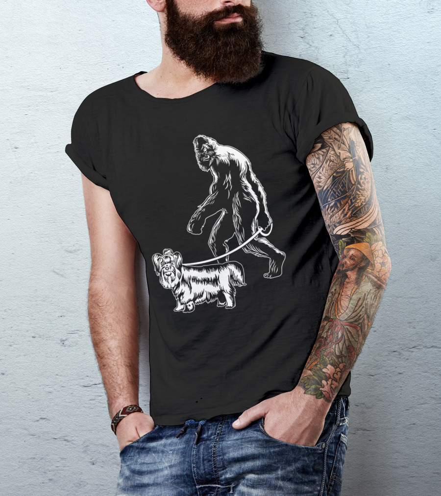 Bigfoot Walking A Yorkie Dog T-Shirt