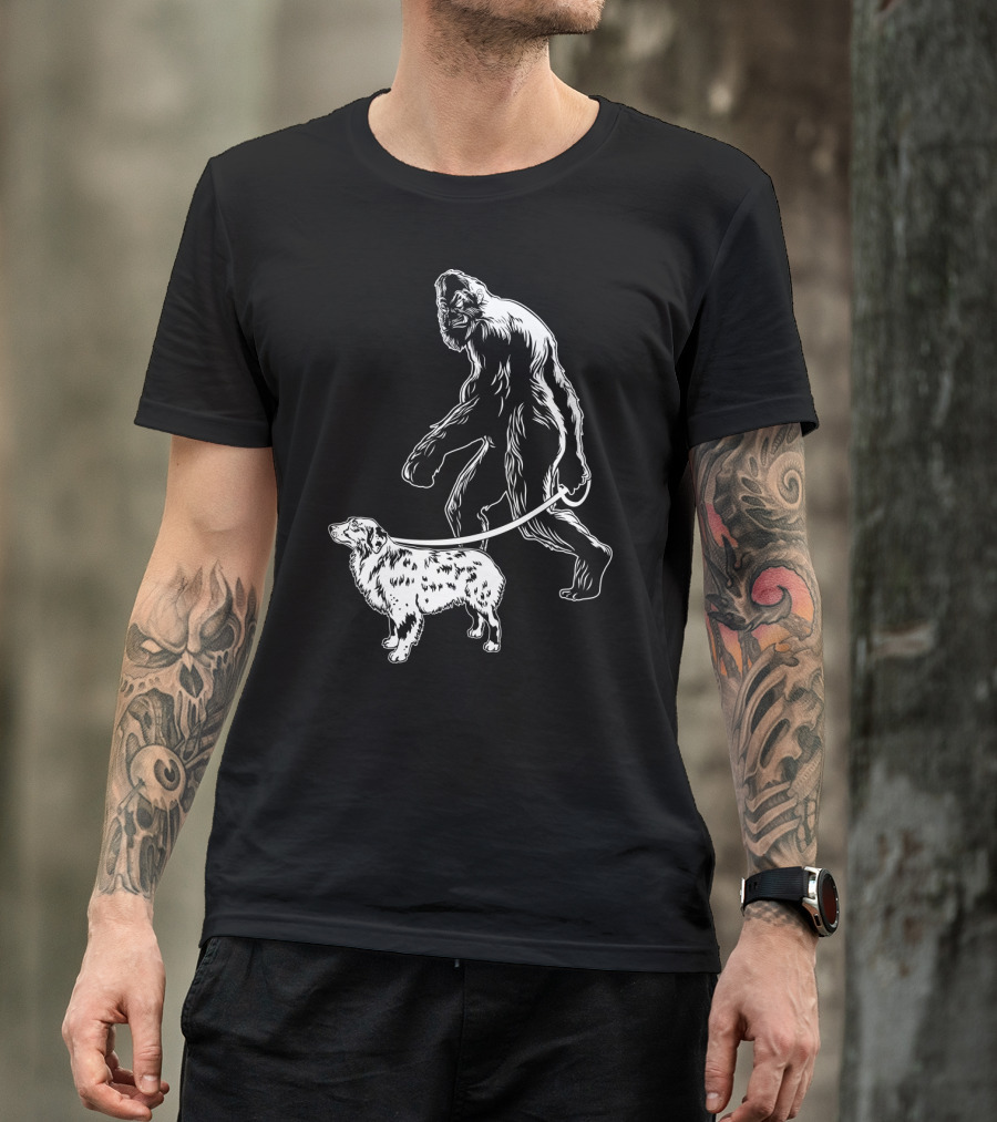 Bigfoot Walking Australian Shepherd Dog T-Shirt