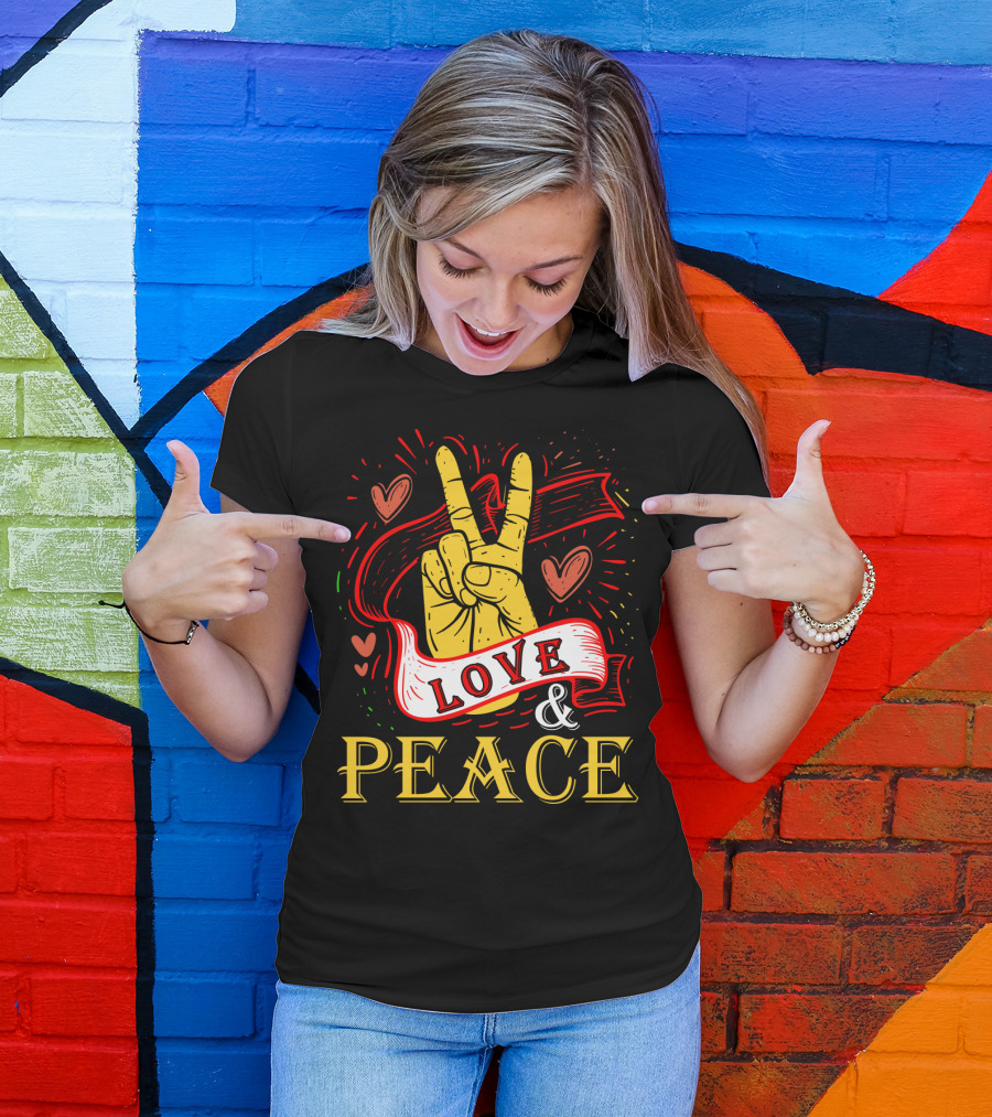 LOVE And PEACE Hand Gesture With Hearts And Banner T-Shirt