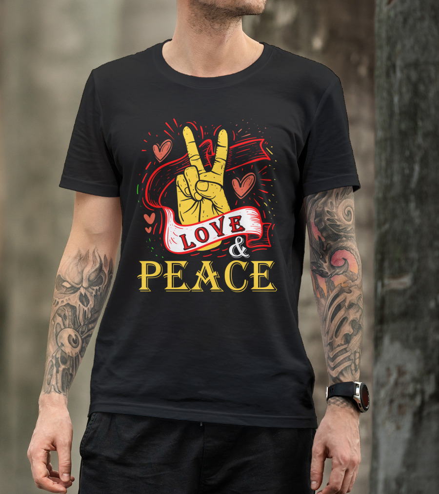 LOVE And PEACE Hand Gesture With Hearts And Banner T-Shirt