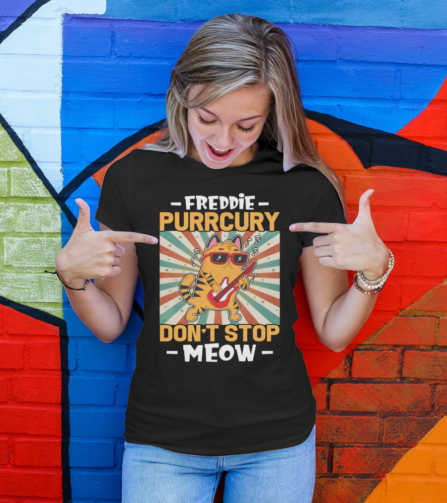 Freddie Purrcury Don't Stop Meow Cat With Guitar Retro Music Vibes T-Shirt