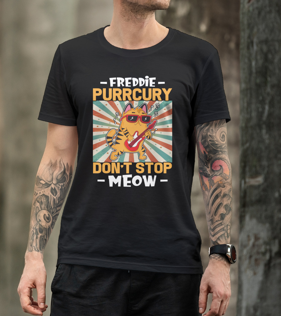 Freddie Purrcury Don't Stop Meow Cat With Guitar Retro Music Vibes T-Shirt