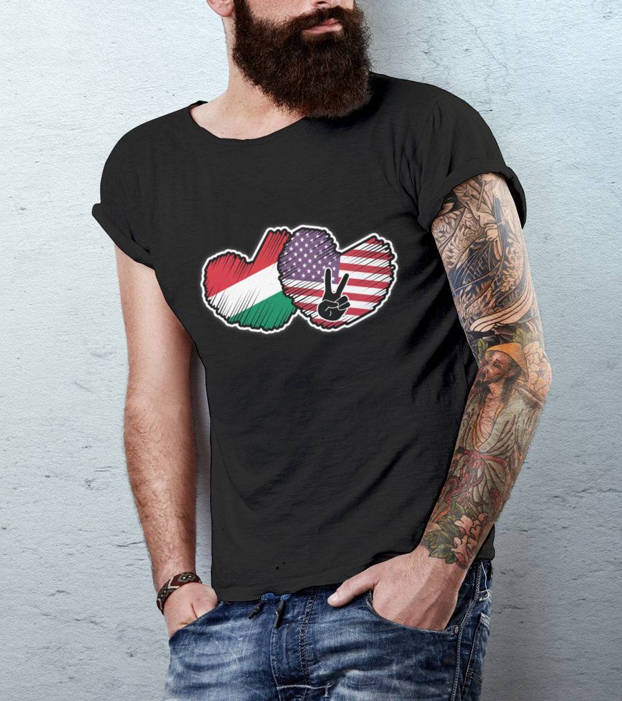 Peace Sign With Hungarian And American Heart-Shaped National Flags T-Shirt