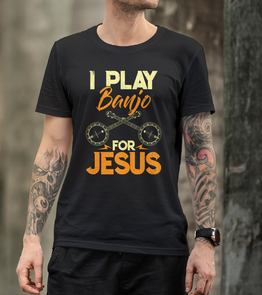 I Play Banjo For Jesus With Crossed Banjos In Orange T-Shirt