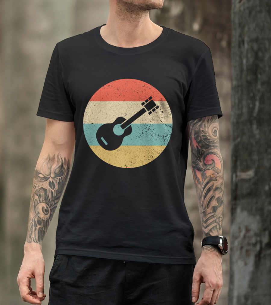 Vintage Retro Guitar Silhouette With Striped Circle T-Shirt
