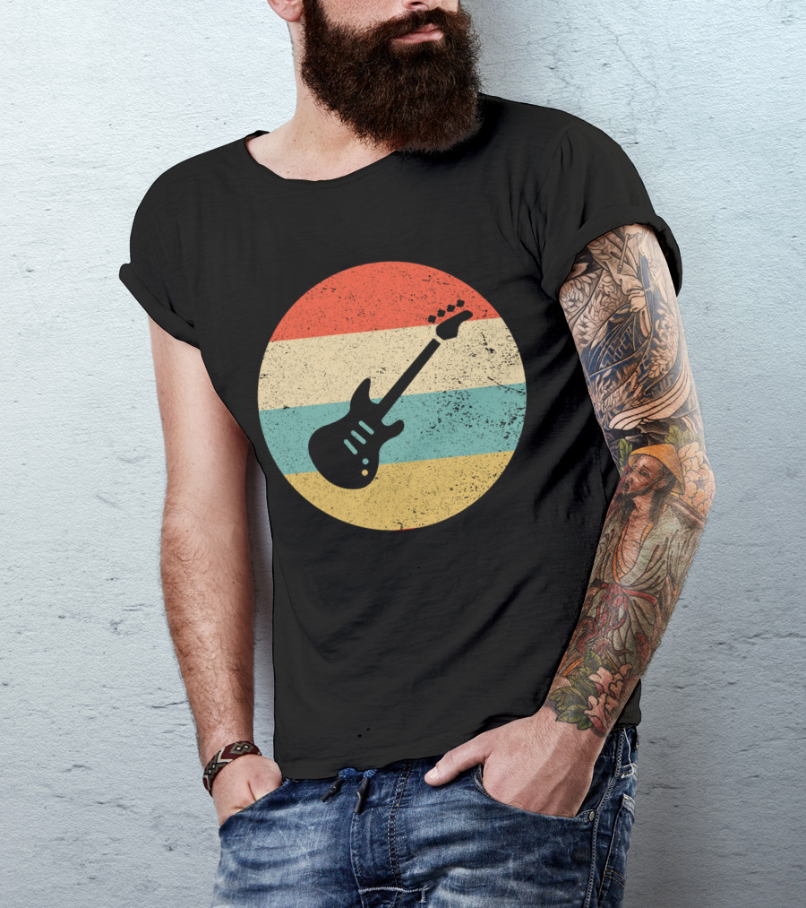 Vintage Retro Bass Guitar Silhouette Sunset Stripes T-Shirt