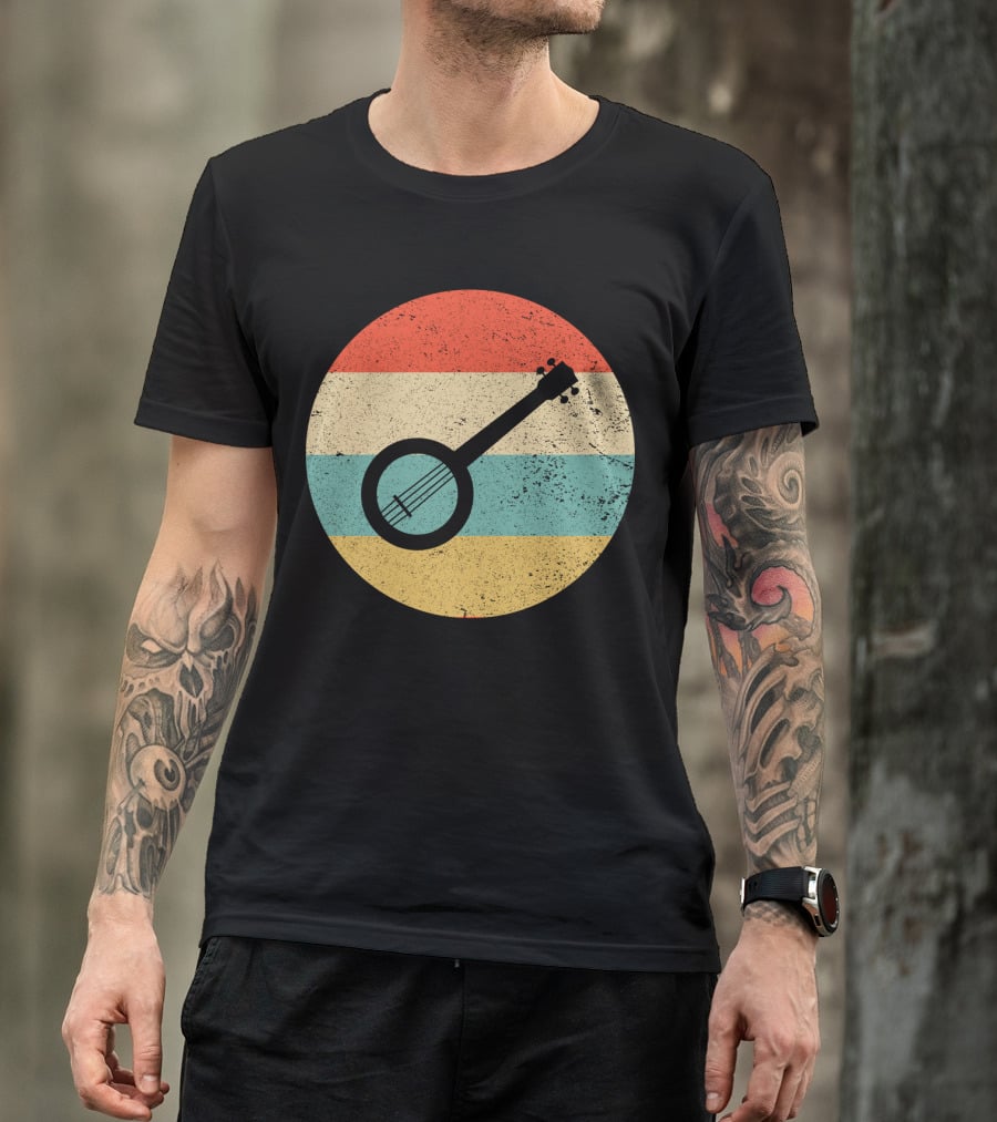 Retro Banjo Silhouette On Vintage Striped Circle T-Shirt