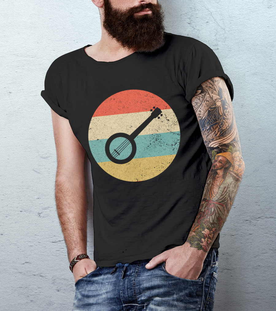 Retro Banjo Silhouette On Vintage Striped Circle T-Shirt