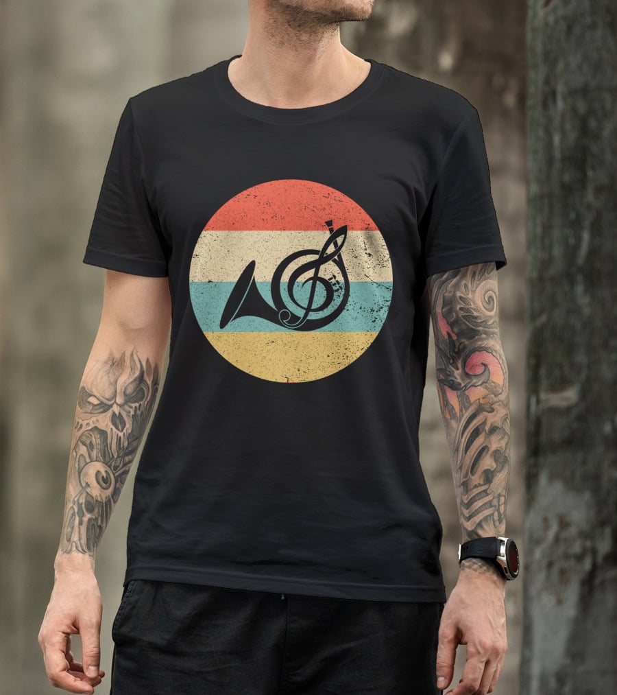 Vintage Retro Treble Clef French Horn Circle T-Shirt