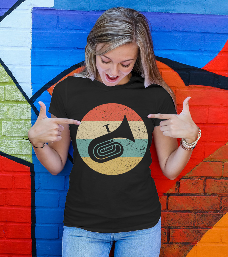 Vintage Retro Tuba Circle With Distressed Rainbow Stripes Background T-Shirt