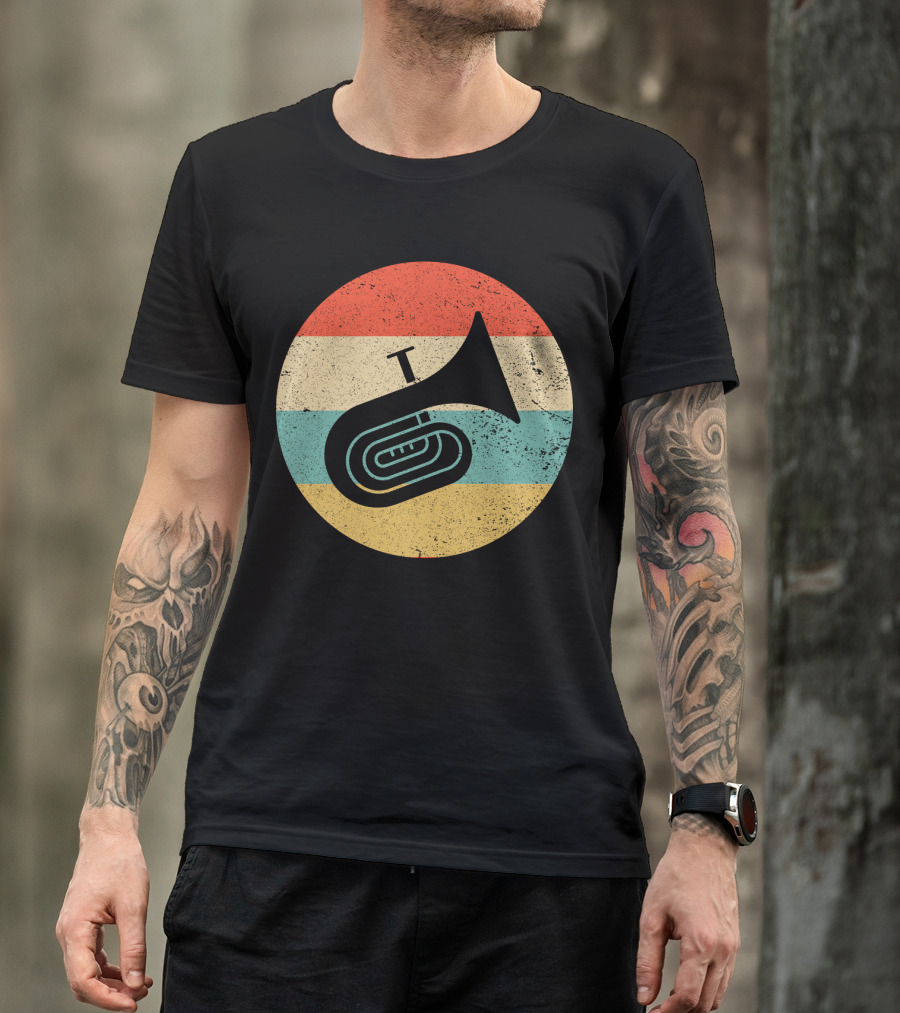 Vintage Retro Tuba Circle With Distressed Rainbow Stripes Background T-Shirt