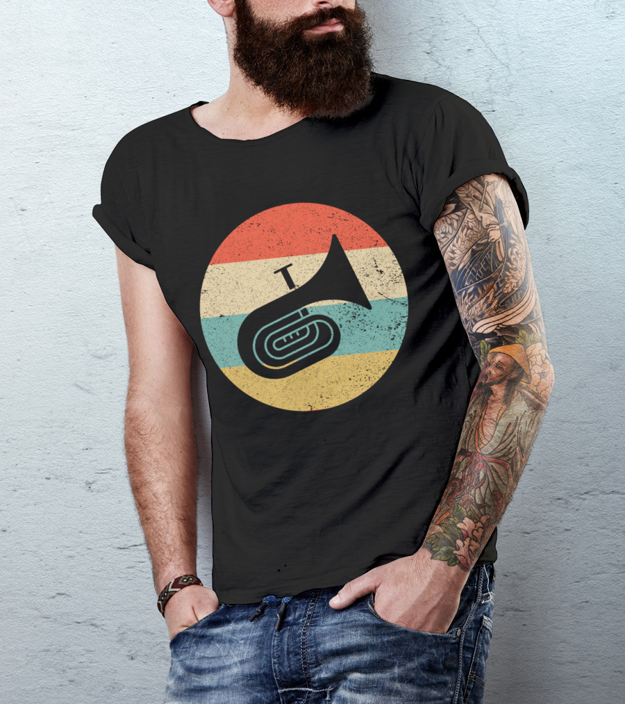 Vintage Retro Tuba Circle With Distressed Rainbow Stripes Background T-Shirt